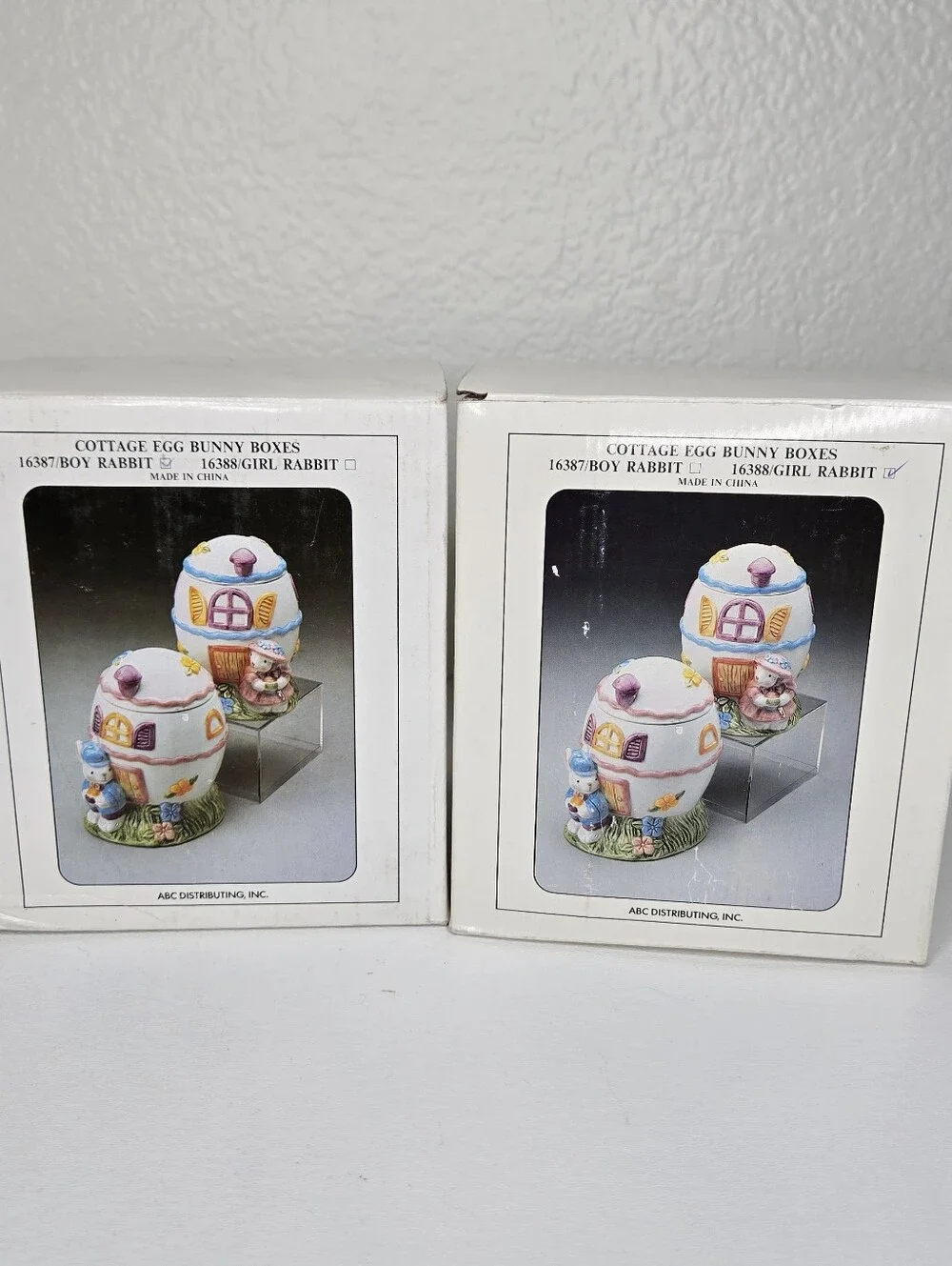 Ceramic Cottage Egg Bunny Girl and Boy Set Easter Candy Jars VTG Whimsical